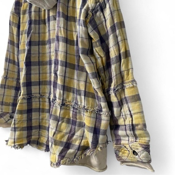Free People Yellow & Navy Plaid Hooded Flannel - Picture 3 of 5